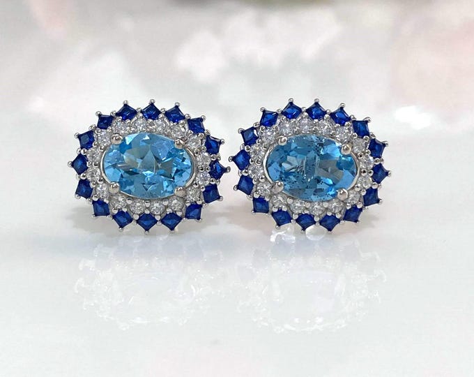 Vintage Sterling Silver Natural Blue Topaz, Blue Sapphire & White Topaz Earrings.