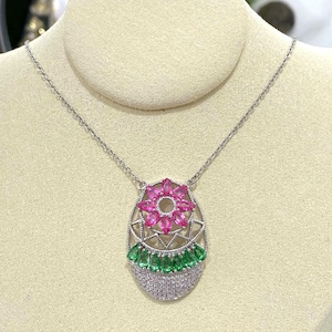 Vintage Sterling Silver Natural Pink, Green & White Topaz Flower Pendant Chain 17&#39;&#39;