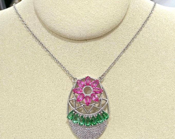 Vintage Sterling Silver Natural Pink, Green & White Topaz Flower Pendant Chain 17''