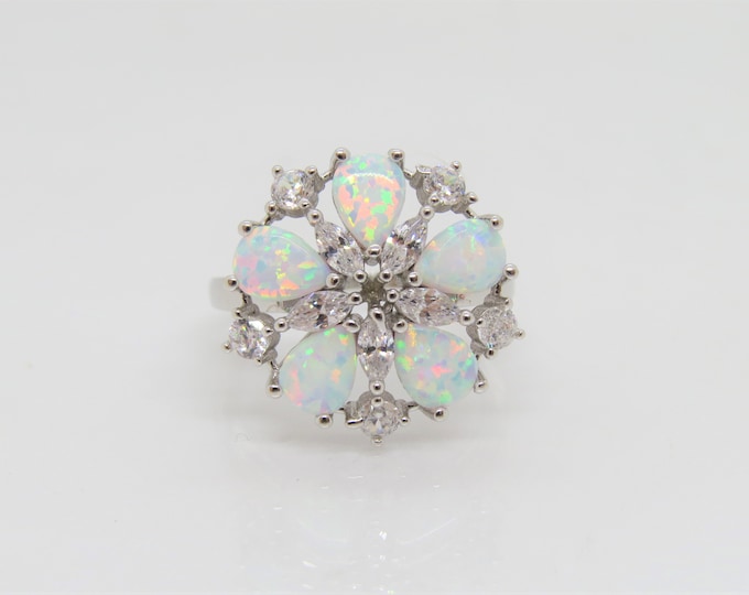 Vintage Sterling Silver Fire Opal & White Topaz Cluster Ring Size 8