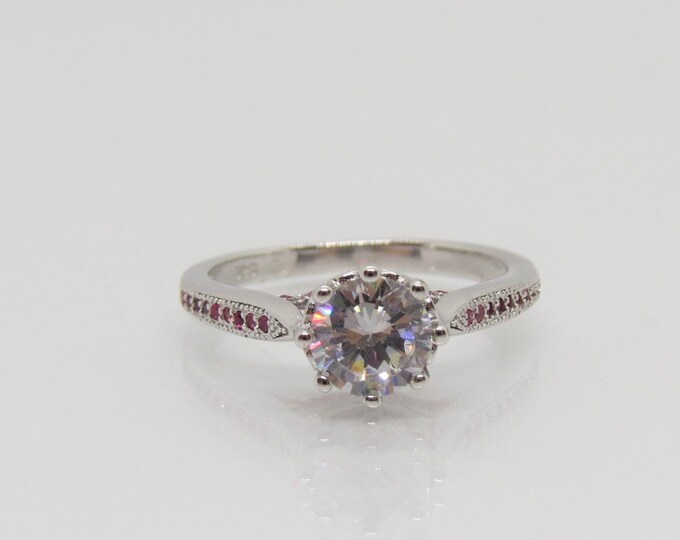 Vintage Sterling Silver White Topaz & Ruby Solitaire Ring Size 7