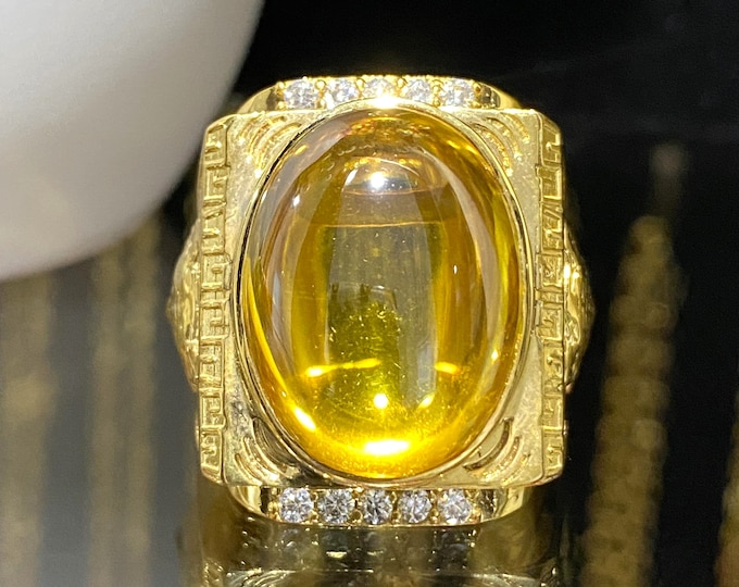 Vintage 15K 610 Yellow Gold Citrine Cabochon & White Topaz Tiger Ring Size 8.5