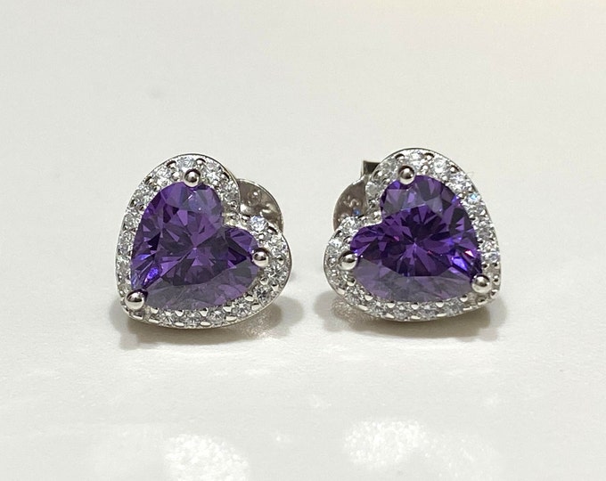 Vintage Sterling Silver Heart cut Amethyst & White Topaz Earrings.