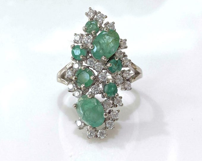 Vintage Sterling Silver Natural Emerald & White Topaz Ring Size 7