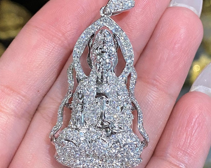 Vintage 18K Solid White Gold 3.60ctw Diamond Guan Yin Buddha Pendant.