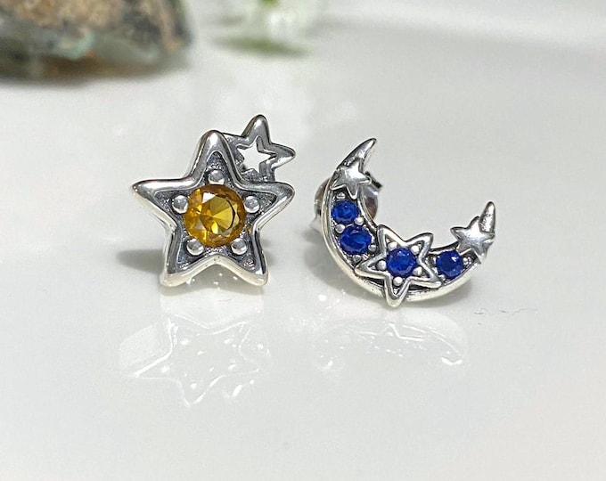 Vintage Sterling Silver Blue Sapphire & Citrine Moon Star Earrings