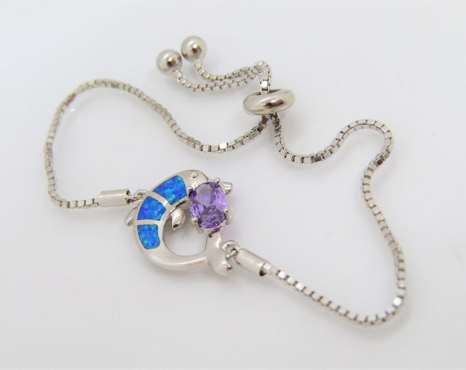 Sterling Silver Blue Opal & Amethyst Dolphin Adjustable Vintage Bracelet.