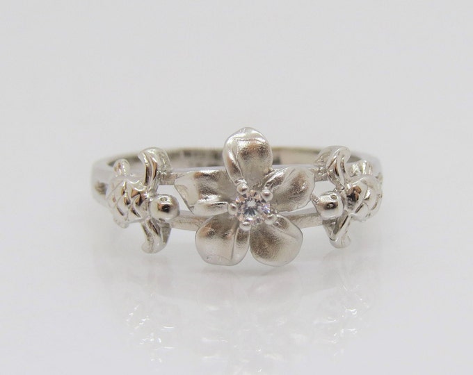 Vintage Sterling Silver White Topaz Flower & Turtle Ring Size 7