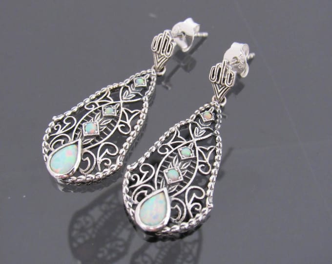 Vintage Sterling Silver White Opal Filigree Earrings