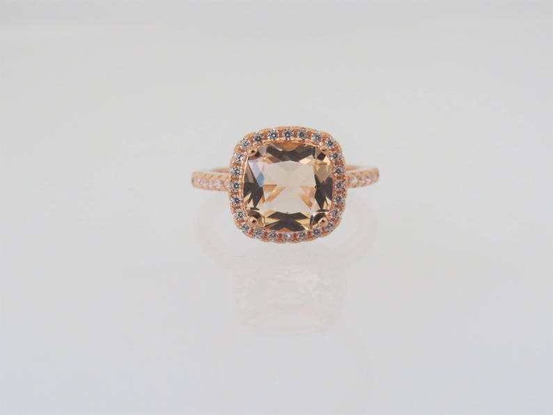 Vintage Sterling Silver Plated Rose Gold Morganite /& White Topaz Halo Ring Size 9