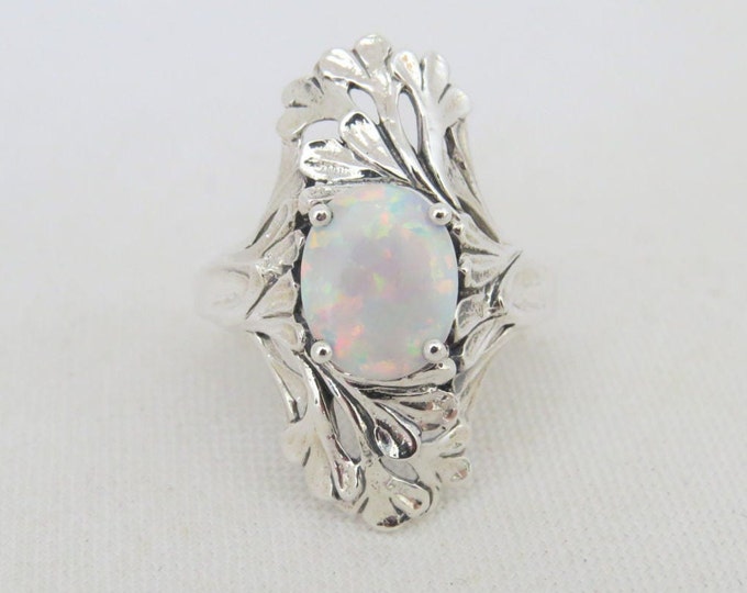 Vintage Sterling Silver White Opal Filigree Long Ring Size 8