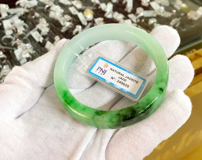 Vintage Translucent Natural Green, White Jadeite Jade Bangle Bracelet 55.6MM