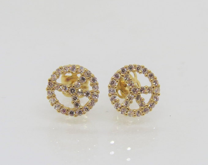 Vintage 14K Solid Yellow Gold White Topaz Peace Stud Earrings