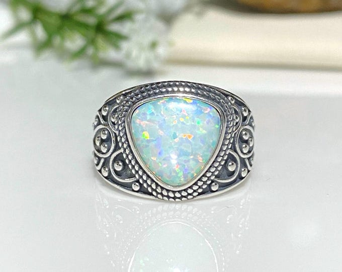 Vintage Sterling Silver White Opal Dome Ring.