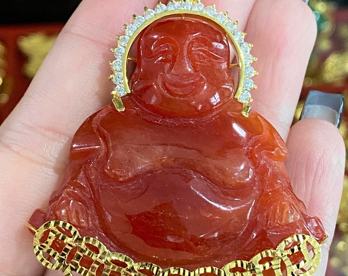 Vintage 18K Solid Yellow Gold Red Jadeite Jade, White Topaz Laughing Buddha Happy Buddha Pendant