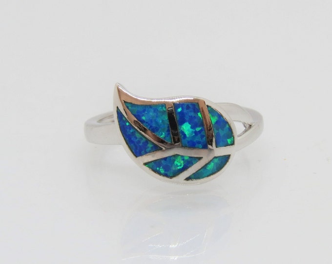 Vintage Sterling Silver Blue Opal Leaf Ring Size 8