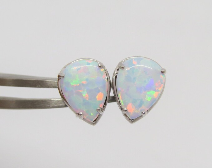 Vintage Sterling Silver Pear cut White Opal Stud Earrings