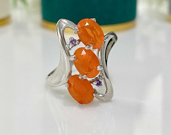 Vintage Sterling Silver Natural Orange Fire Opal & Amethyst Ring Size 8