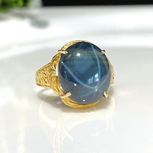 Antique Vintage 22K Solid Gold 6.85ct Natural Dark Blue Star Sapphire Carved Ring Size 6.5