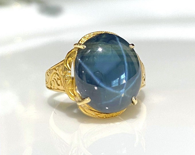 Antique Vintage 22K Solid Gold 6.85ct Natural Dark Blue Star Sapphire Carved Ring Size 6.5