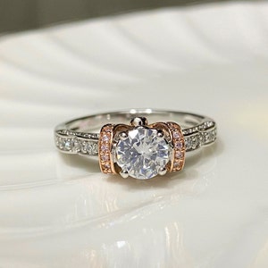 Vintage Sterling Silver Rose Gold Plate White Topaz Engagement Ring.