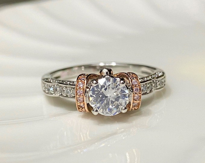 Vintage Sterling Silver Rose Gold Plate White Topaz Engagement Ring.