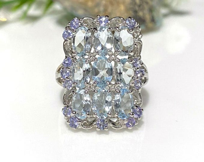Vintage Sterling Silver Natural Aquamarine & Tanzanite Ring Size 8
