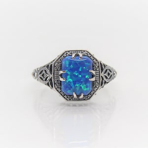 Vintage Sterling Silver Blue Opal Filigree Ring Size 8