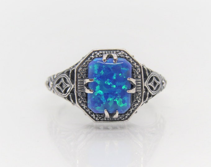 Vintage Sterling Silver Blue Opal Filigree Ring Size 8