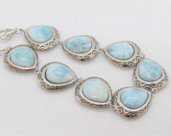 Vintage Sterling Silver Natural Larimar Link Bracelet 7 1/2''