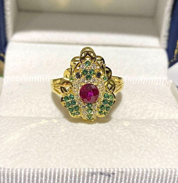 Vintage 15K Gold Frog Ring Emerald, Ruby, Topaz, Sapphire Eyes