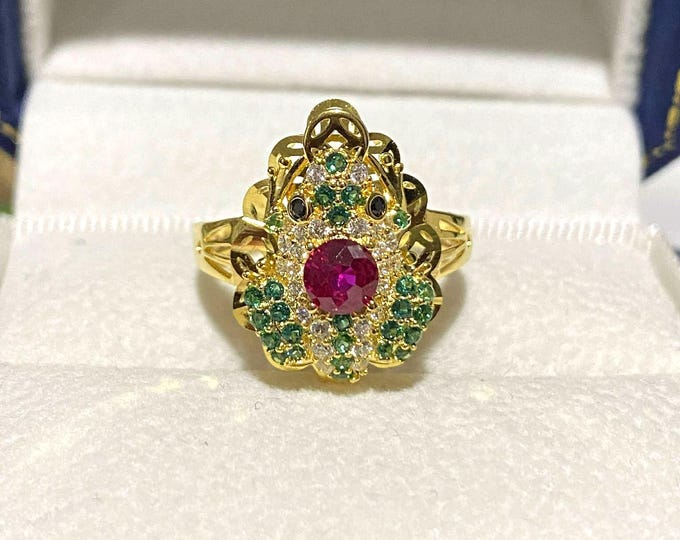 Vintage 15K Solid Gold Emerald, Ruby & White Topaz, Black Sapphire Eye's Frog Ring Size 6.5