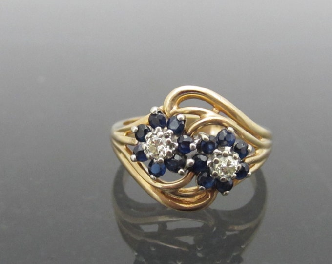 Vintage Round Ceylon Blue Sapphire & Diamond Ladies Ring .52cttw 14K Yellow Gold Size 6