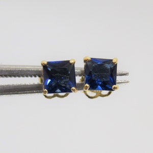 Vintage 14K Solid Yellow Gold Princess Cut Blue Sapphire Earrings 3MM ...