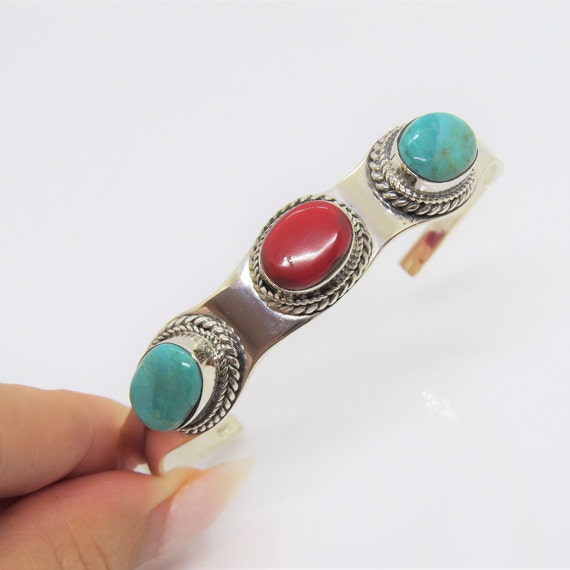 Vintage Sterling Silver Turquoise & Salmon Coral … - image 7