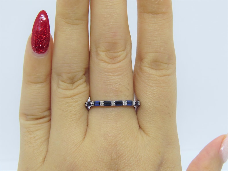 Vintage Sterling Silver Blue Sapphire Wedding Band Ring Size 7