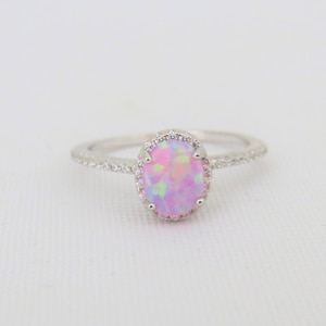 Vintage Sterling Silver Pink Opal & White Topaz Engagement Ring Size 8