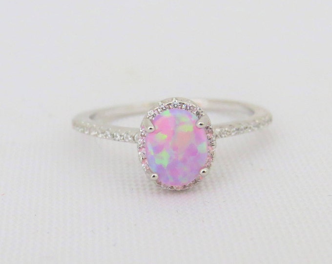 Vintage Sterling Silver Pink Opal & White Topaz Engagement Ring Size 8