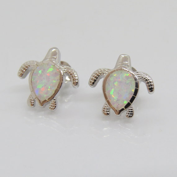 Vintage Sterling Silver White Opal Turtle Stud Ea… - image 3