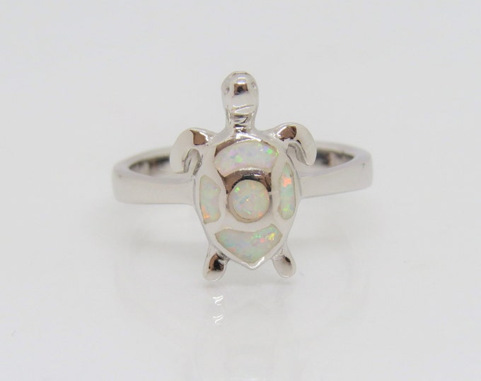 Vintage Sterling Silver White Opal Turtle Ring Size 7