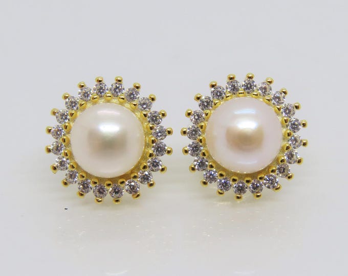 Vintage 14K Gold Plate Sterling Silver Pearl & White Topaz Earrings