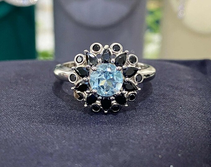 Vintage Sterling Silver Natural Aquamarine & Black Spinel Ring Size 7