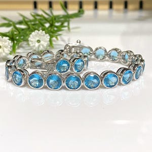 Vintage Sterling Silber Rundschliff Aquamarin Gliederarmband 18 cm