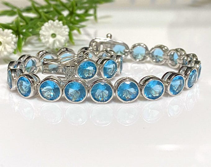 Vintage Sterling Silver Round cut Aquamarine Link Bracelet 7''
