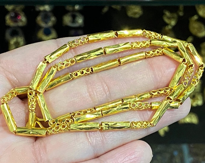Vintage 24K 980 Gold Bamboo Link Chain Necklace 19'' Length.