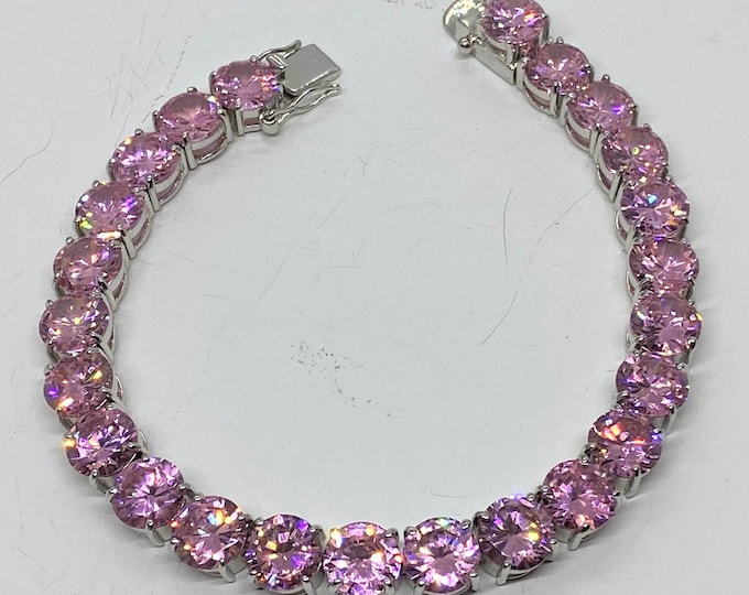 Vintage Sterling Silver Round cut Pink Sapphire Link Bracelet 8''