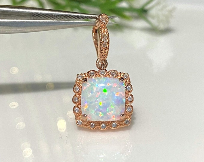 Vintage Rose Gold on Sterling Silver White Opal & White Topaz Pendant
