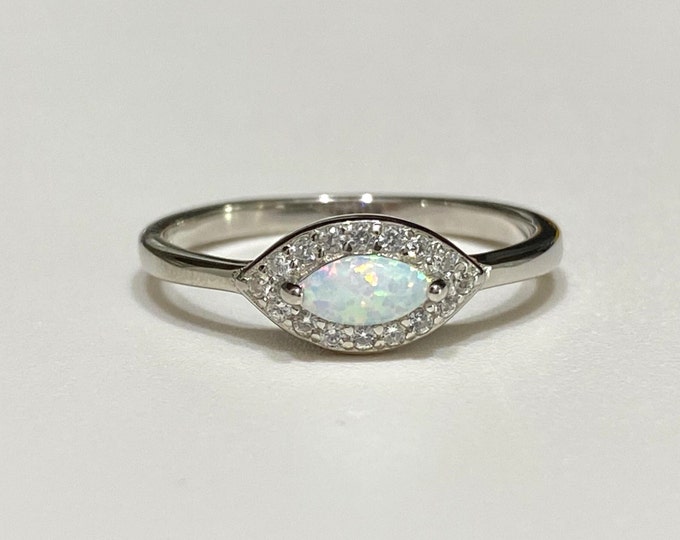Vintage Sterling Silver Fire Opal & White Topaz Eye, Evil eye Ring Size 7.