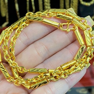 24K 980 Pure Gold Bamboo Rolo Link Chain Necklace 21&#39;&#39; Length