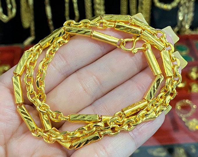 24K 980 Pure Gold Bamboo Rolo Link Chain Necklace 21'' Length